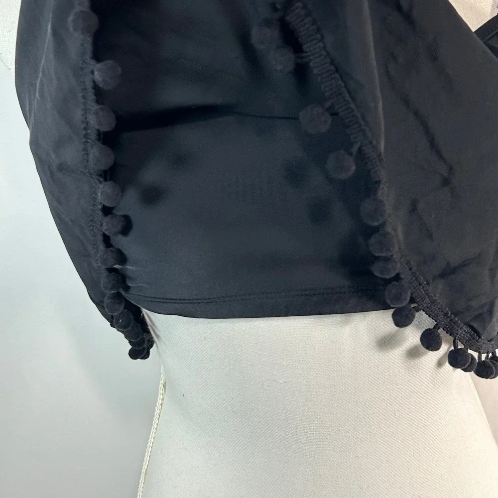 Firepearl Black Pom Pom Ruffle Crop‎ Top Bikini Swim Top Beach Resort Small
